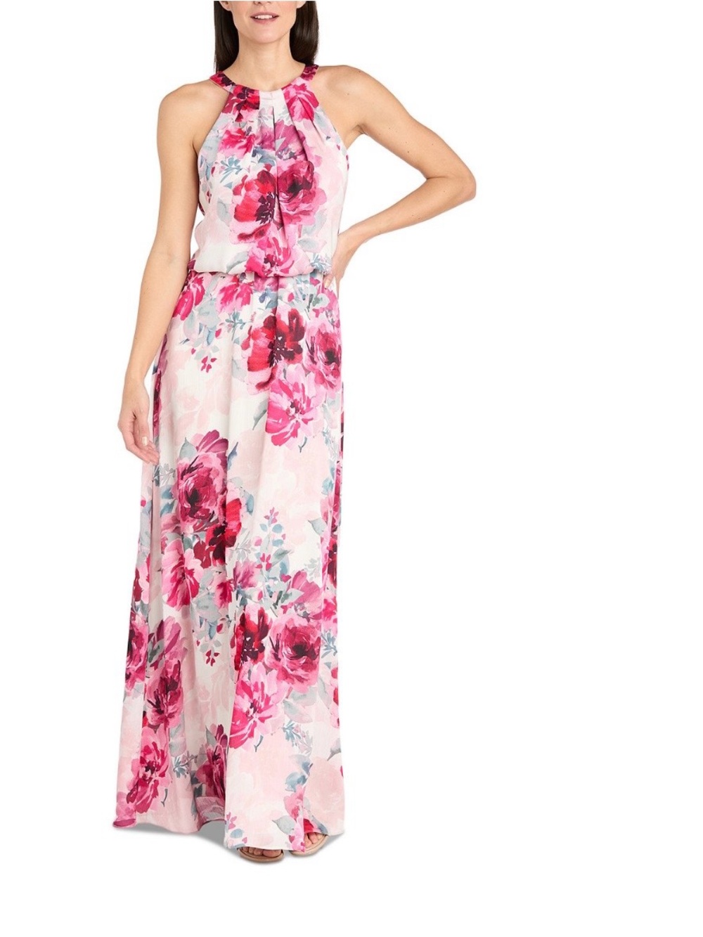 R & M Richards Petite Floral-Print High-Neck Blouson Dress.